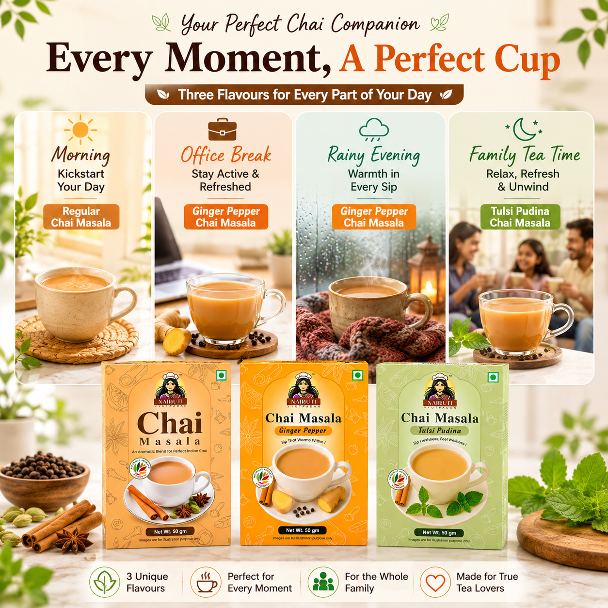 Tea Time Combo | Ginger Elaichi, Ginger Pepper & Tulsi Pudina Chai Masala | 50g each