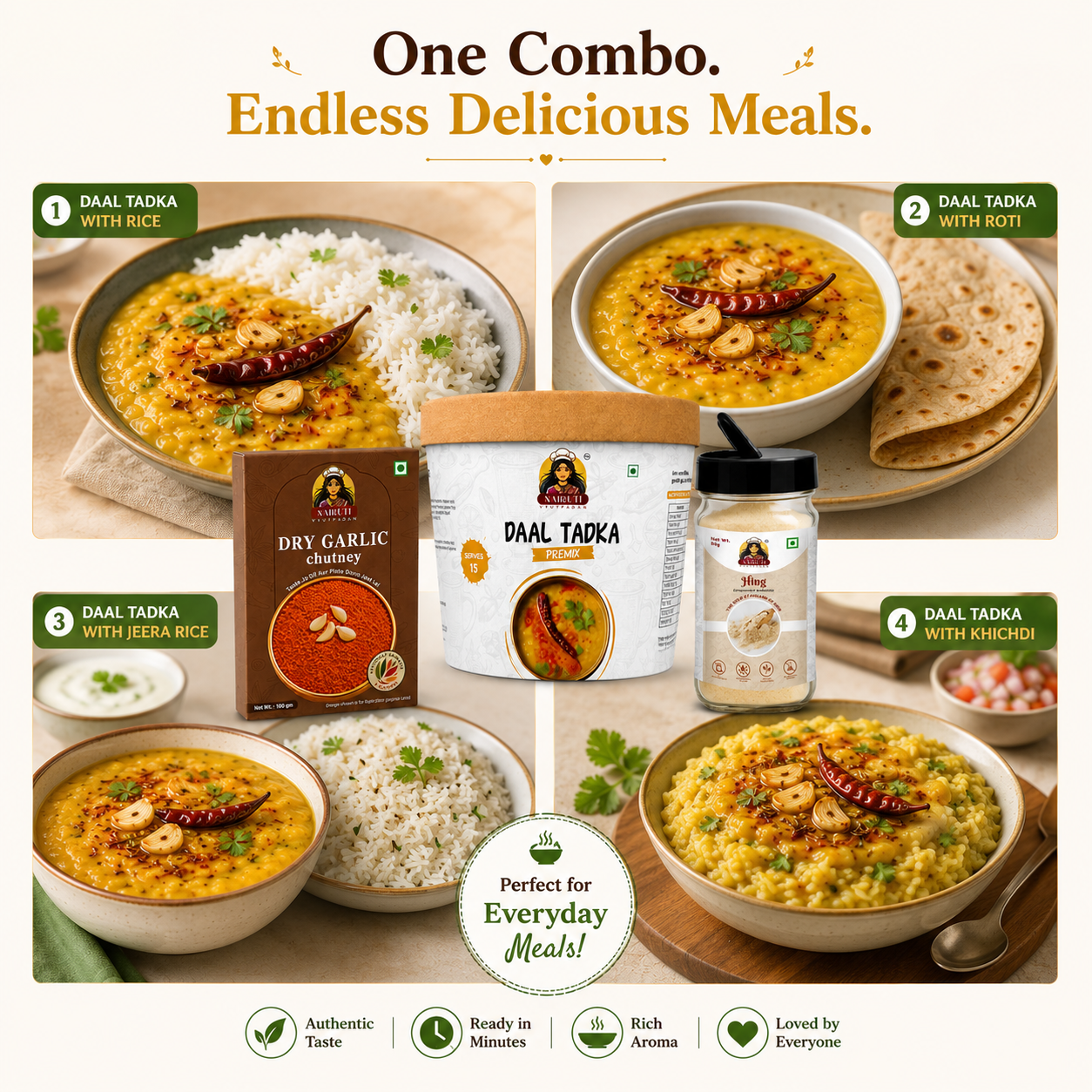Tadka Combo | 10+ Servings | Daal Tadka Premix, Dry Garlic Chutney & Hing Sprinkler | 150g+100g+80g