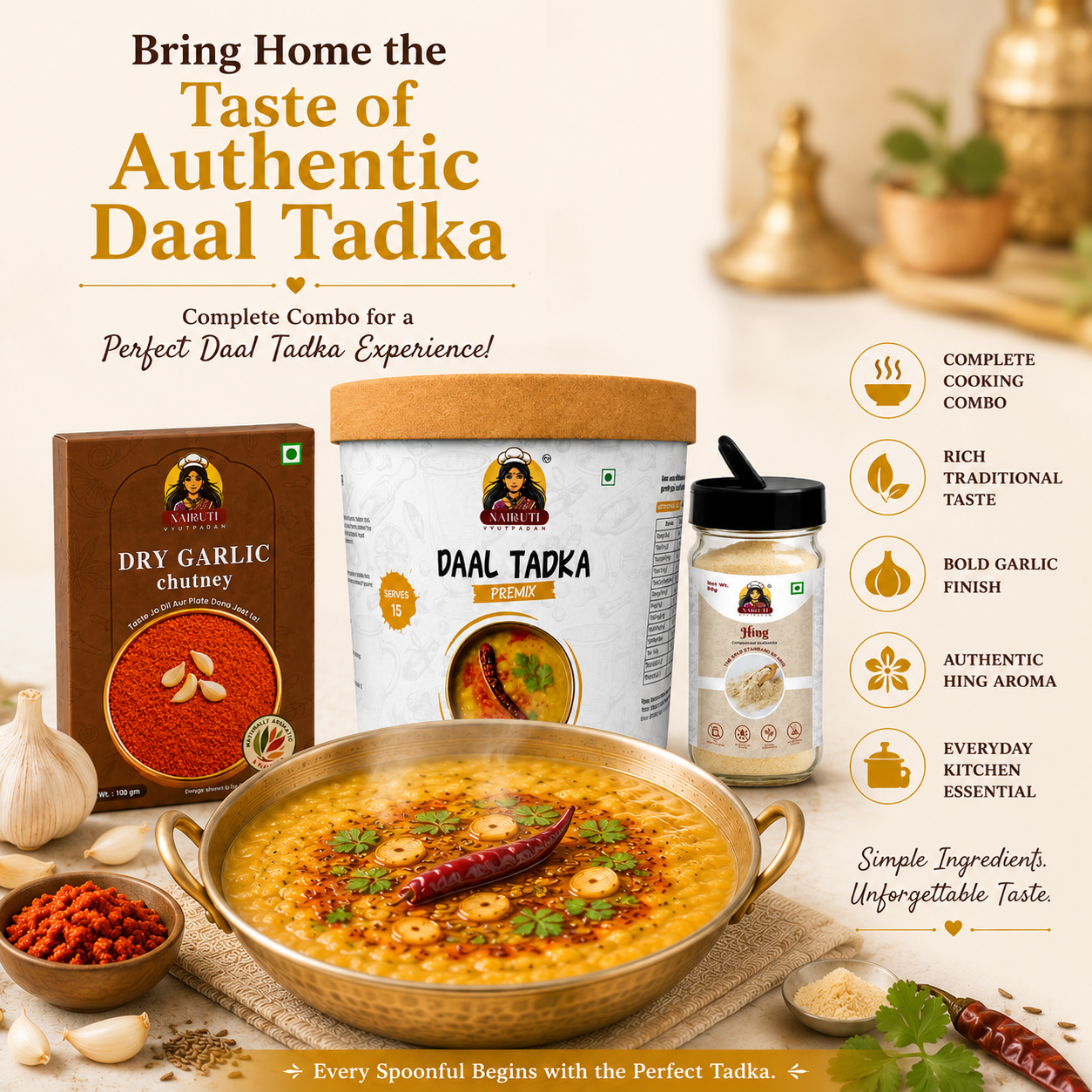 Tadka Combo | 10+ Servings | Daal Tadka Premix, Dry Garlic Chutney & Hing Sprinkler | 150g+100g+80g