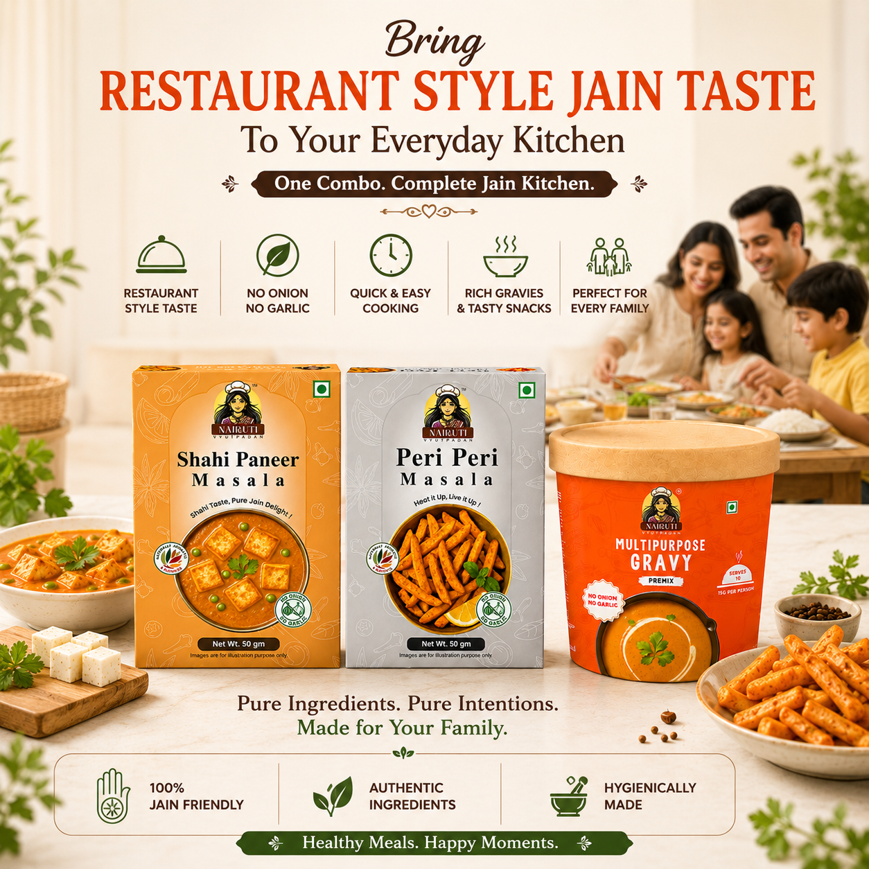 Jain Kitchen Combo | 10+ Servings | Gravy Premix, Shahi Paneer Masala & Peri Peri Masala | No Onion No Garlic