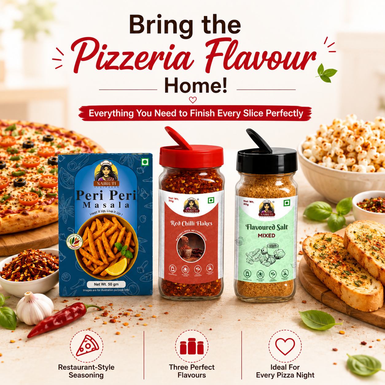 Pizza Night Combo | Mixed Flavour Salt, Peri Peri Masala & Red Chilli Flakes Sprinkle | 80g+50g+30g