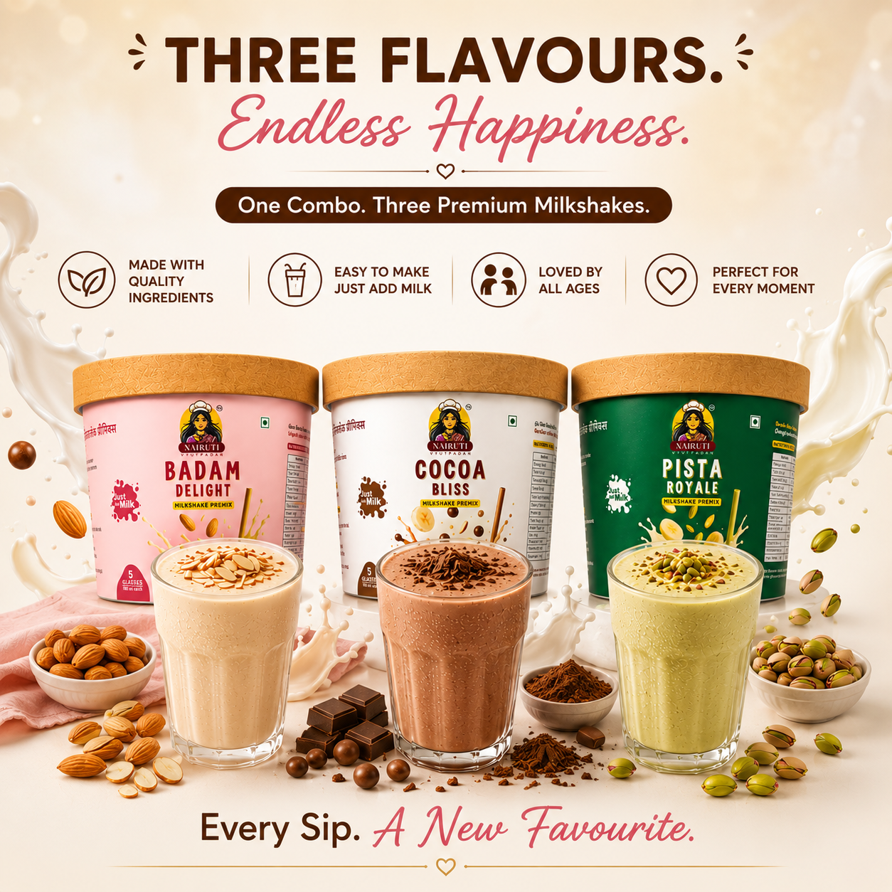 Signature Milkshake Combo | Makes 15 Glasses | Cocoa, Pista & Badam Instant Milkshake Premix