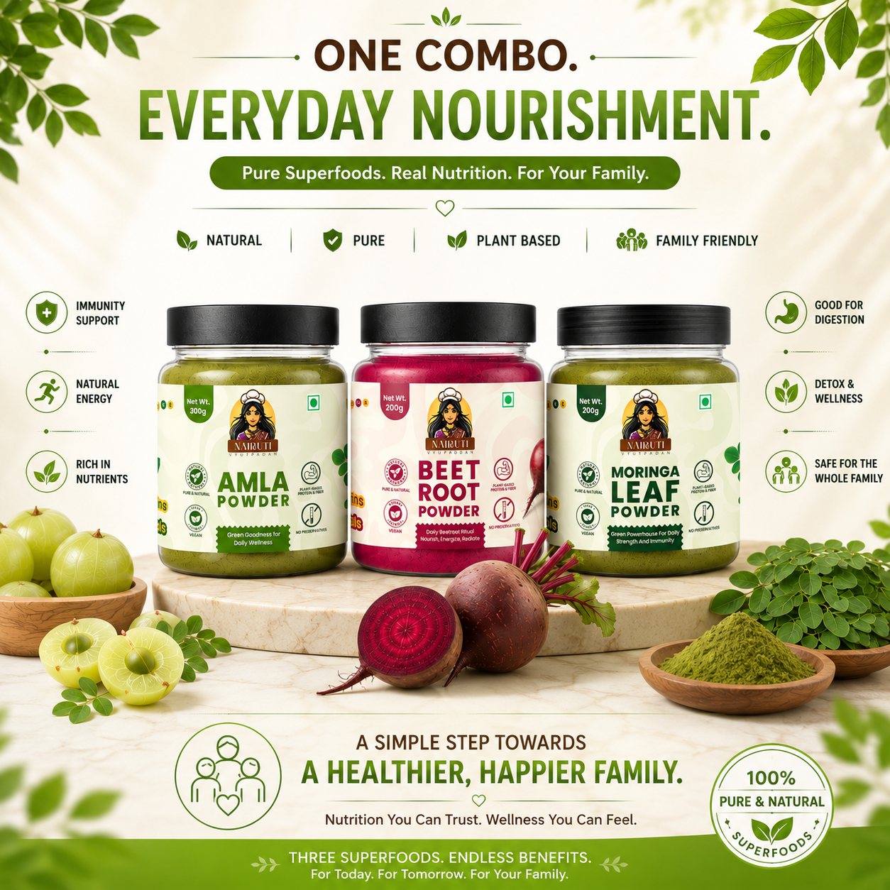 Family Nutrition Combo | Amla, Beetroot & Moringa Leaf Powder | Daily Wellness Superfood Pack | 300g+200g+200g