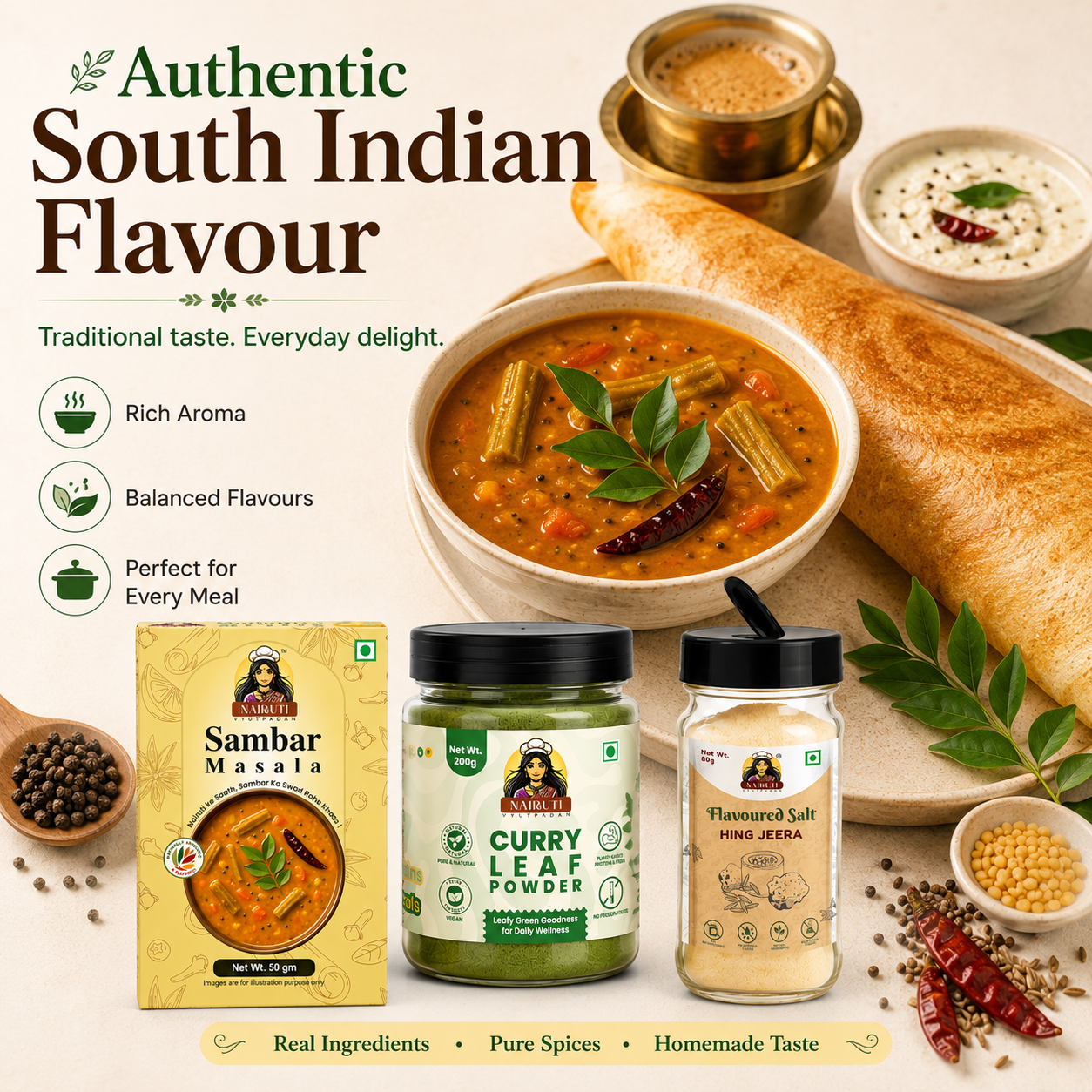 South Indian Combo | Sambar Masala, Curry Leaf Powder & Hing Jeera Salt Sprinkle | 50g+200g+80g