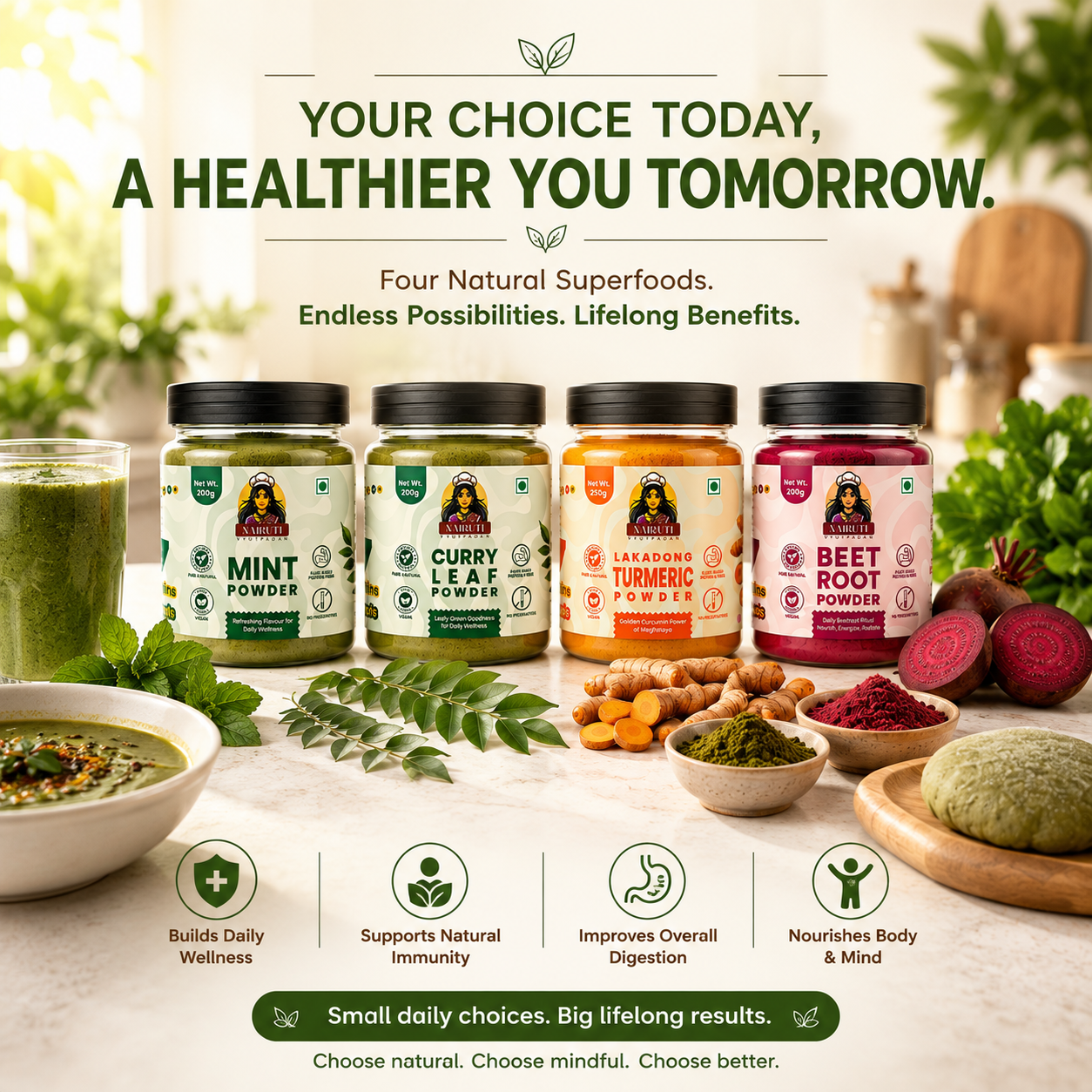 Complete Wellness Combo | Lakadong Turmeric, Beetroot, Curry Leaf & Mint Powders | 250g+200g+200g+200g