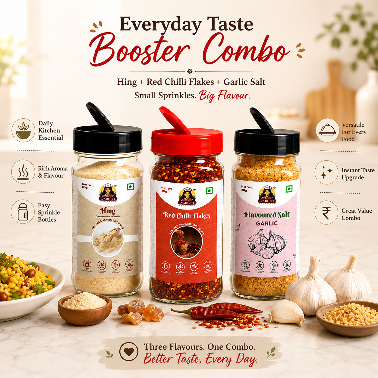 Everyday Taste Booster Combo | Hing 80g, Red Chilli Flakes 30g & Garlic Salt 80g