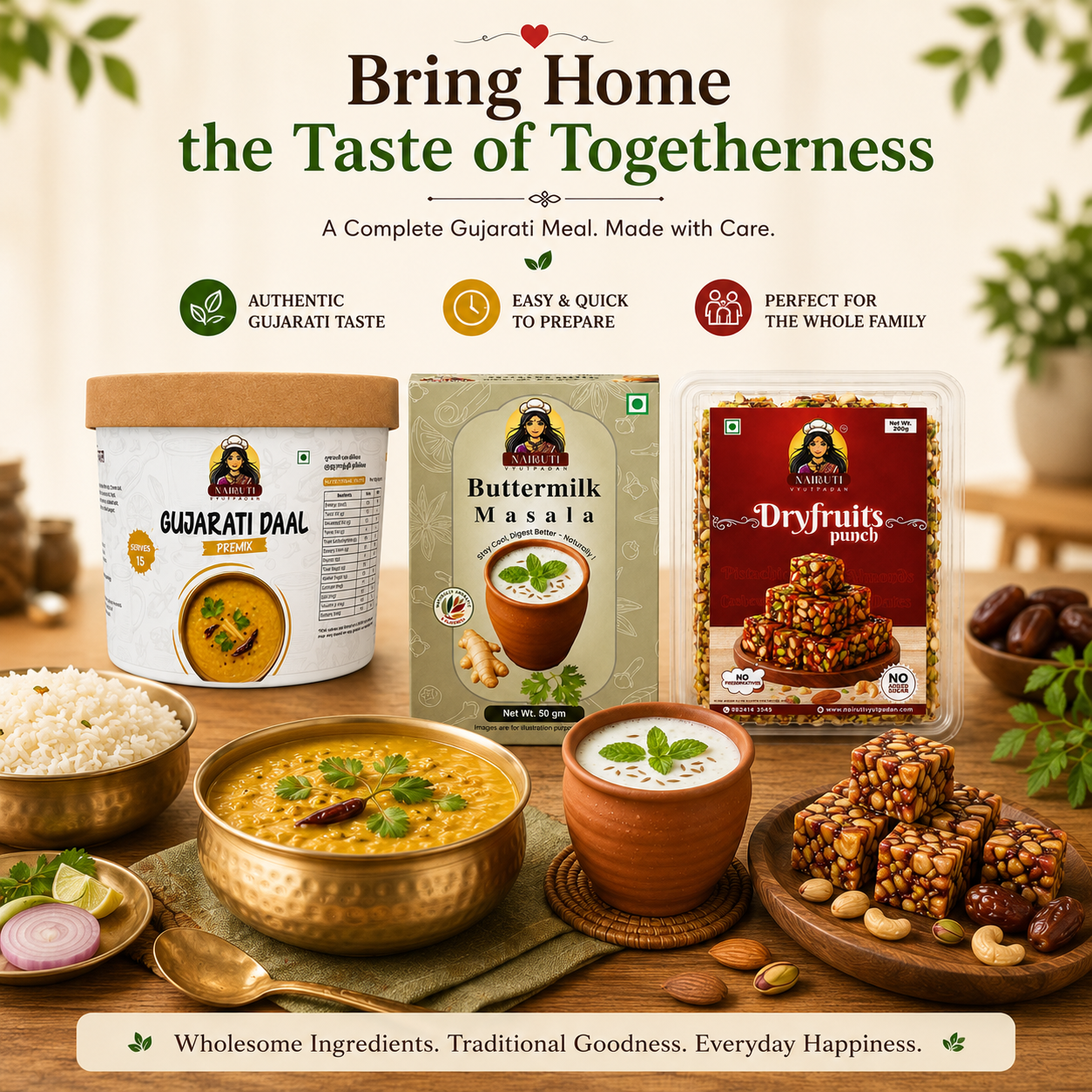 Gujarati Family Combo | Gujarati Daal Premix 150g, Dry Fruits Punch 200g & Buttermilk Masala 50g