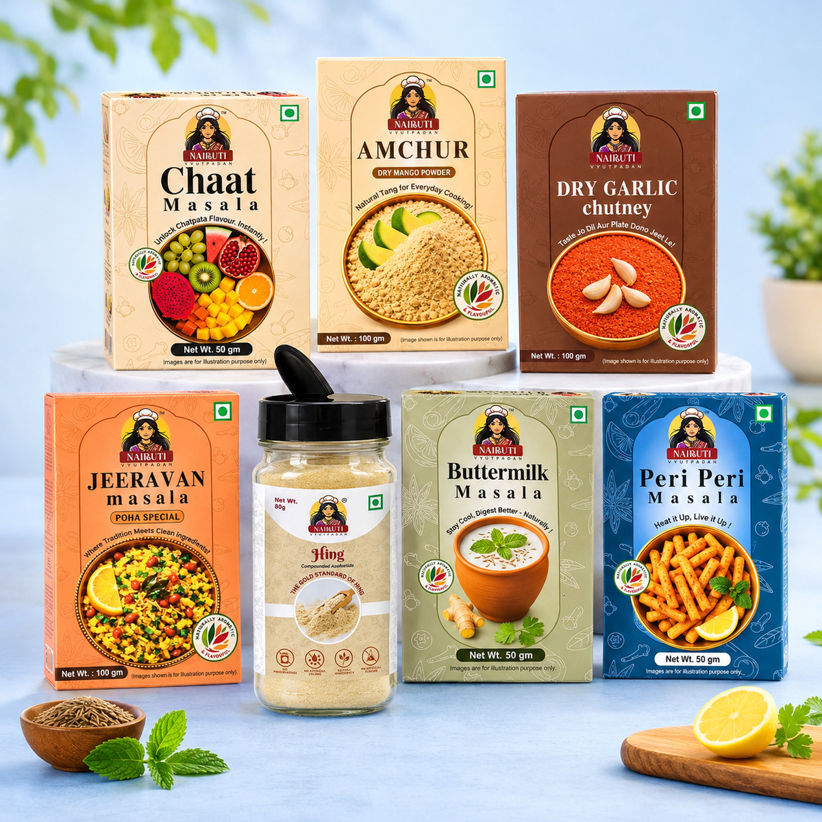 Nairuti All 7 Seasonings Box: Chaat, Jeeravan, Hing, Amchur, Buttermilk Masala, Dry Garlic Chutney and Peri Peri
