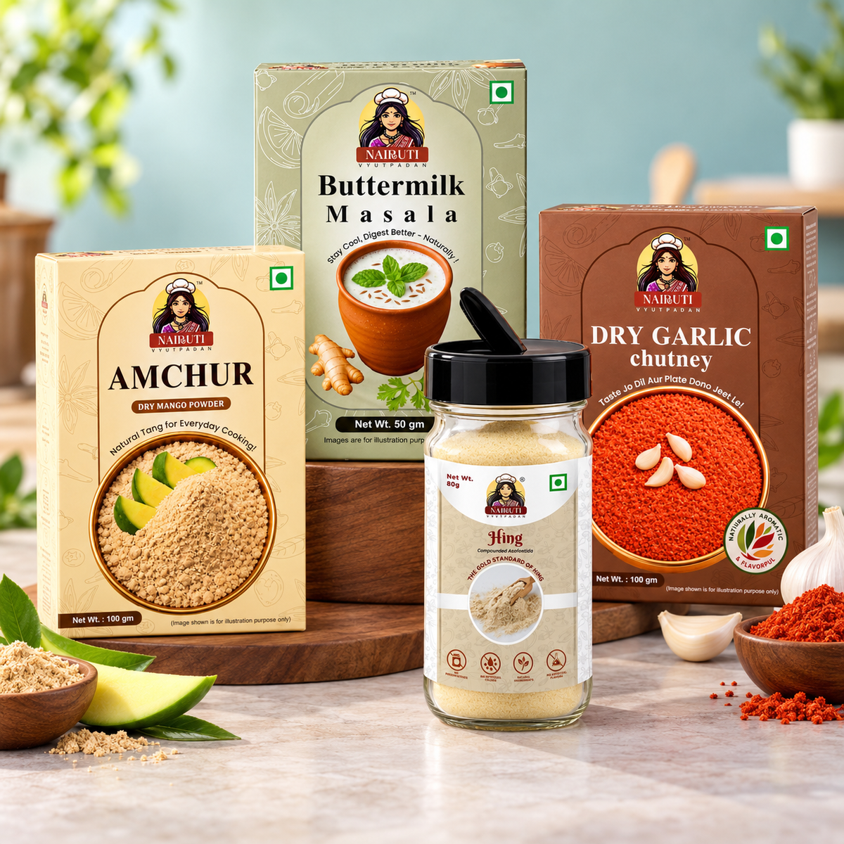 Nairuti Daily Tadka & Chaas Box: Hing bottle, Amchur, Buttermilk Masala and Dry Garlic Chutney