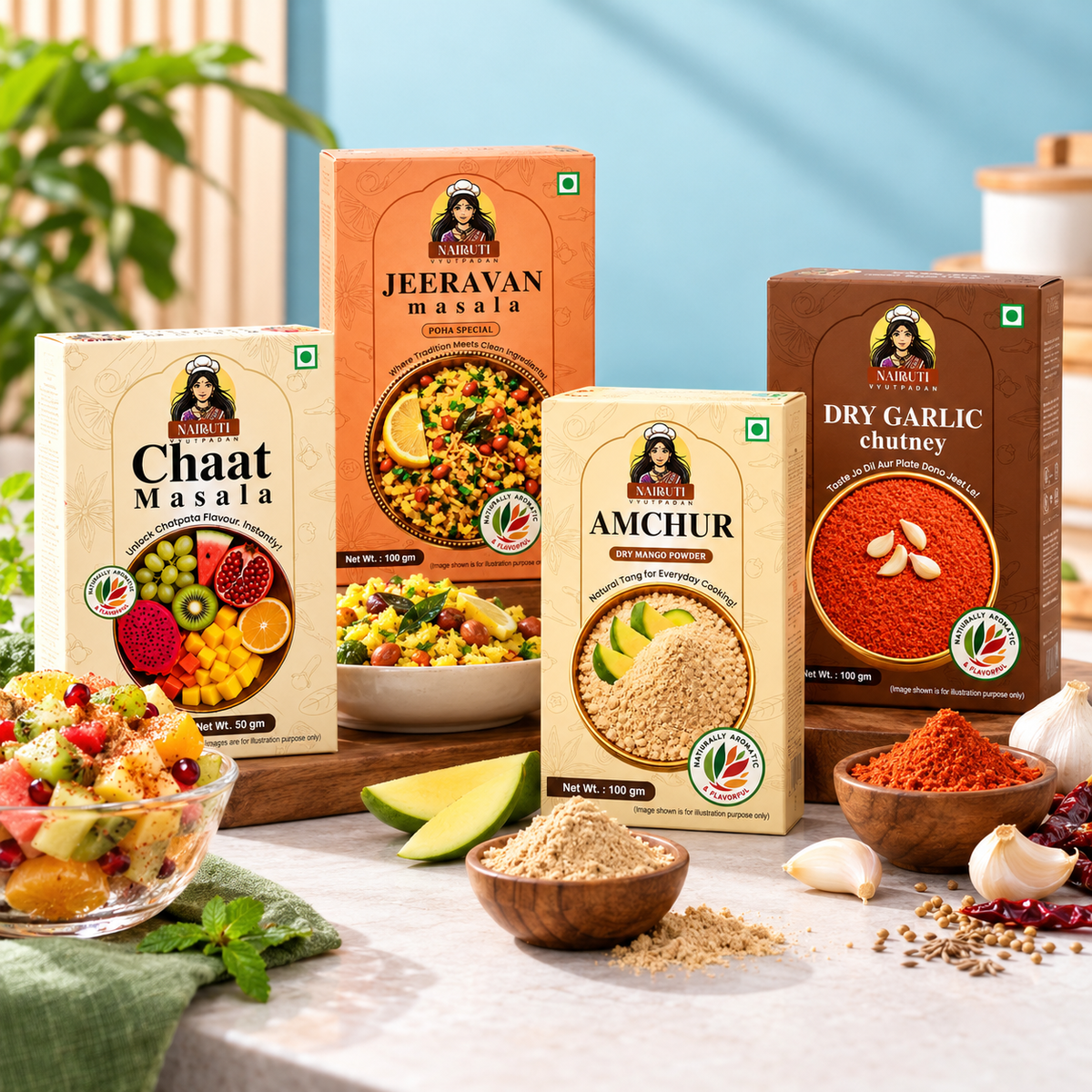 Nairuti Chaat & Snack Box: Chaat Masala, Jeeravan, Amchur and Dry Garlic Chutney, 100g each