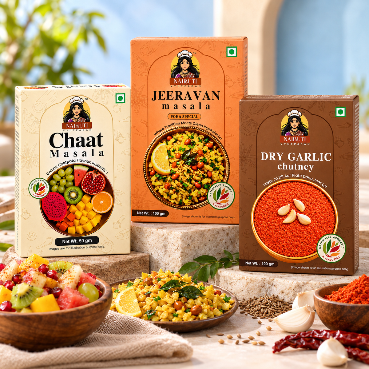 Nairuti Chaat & Snack Family Pack: Chaat Masala, Jeeravan and Dry Garlic Chutney, 400g each