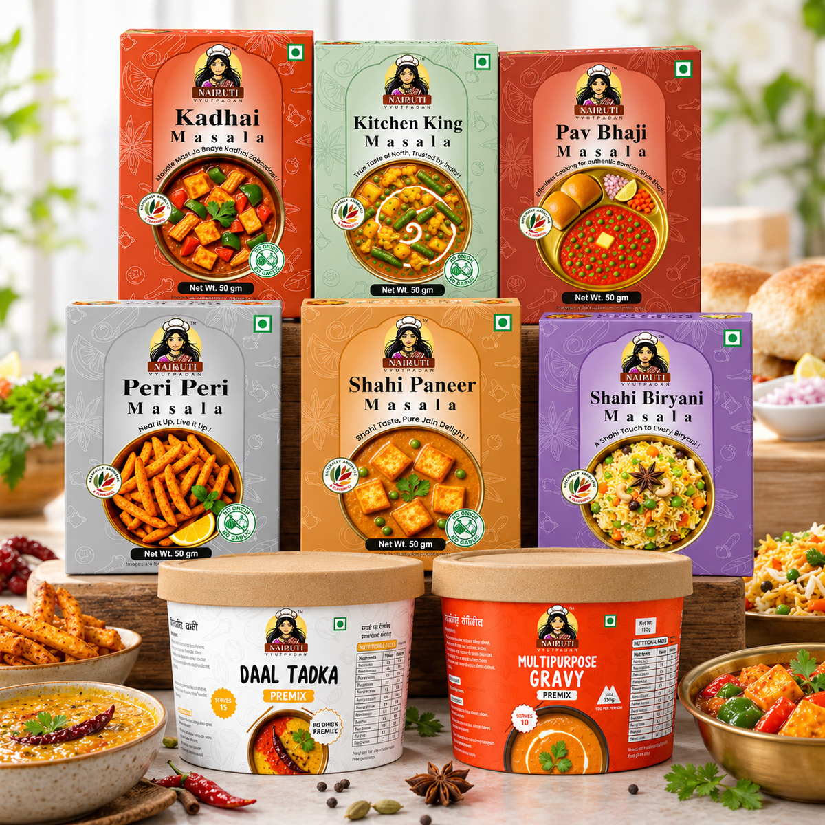 Jain Pantry Plus Combo: 6 Jain masalas with Jain Gravy Premix and Jain Daal Tadka Premix