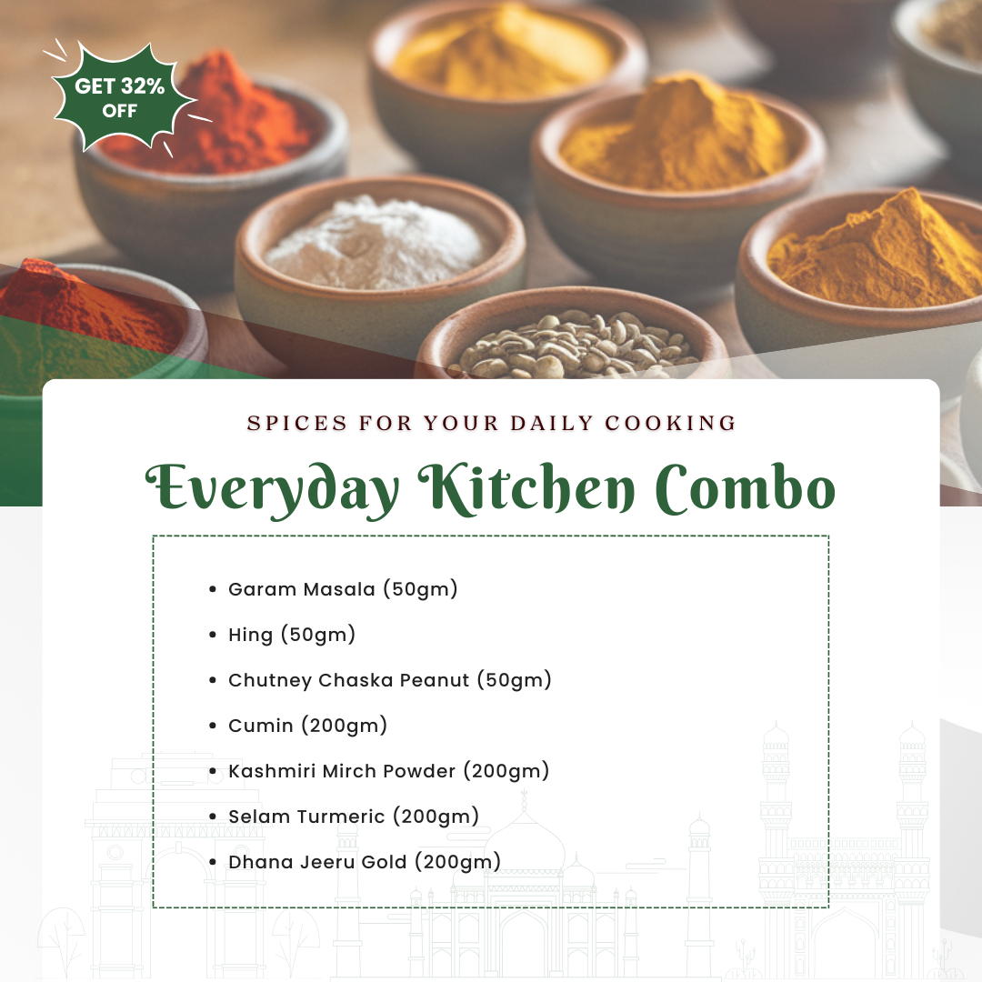 A selection of spices displayed in small bowls, including Garam Masala, Hing, Cumin, Kashmiri Mirch, Selam Turmeric, and Dhana Jeeru Gold, with text overlay detailing the spice names and weights.