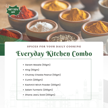 A selection of spices displayed in small bowls, including Garam Masala, Hing, Cumin, Kashmiri Mirch, Selam Turmeric, and Dhana Jeeru Gold, with text overlay detailing the spice names and weights.