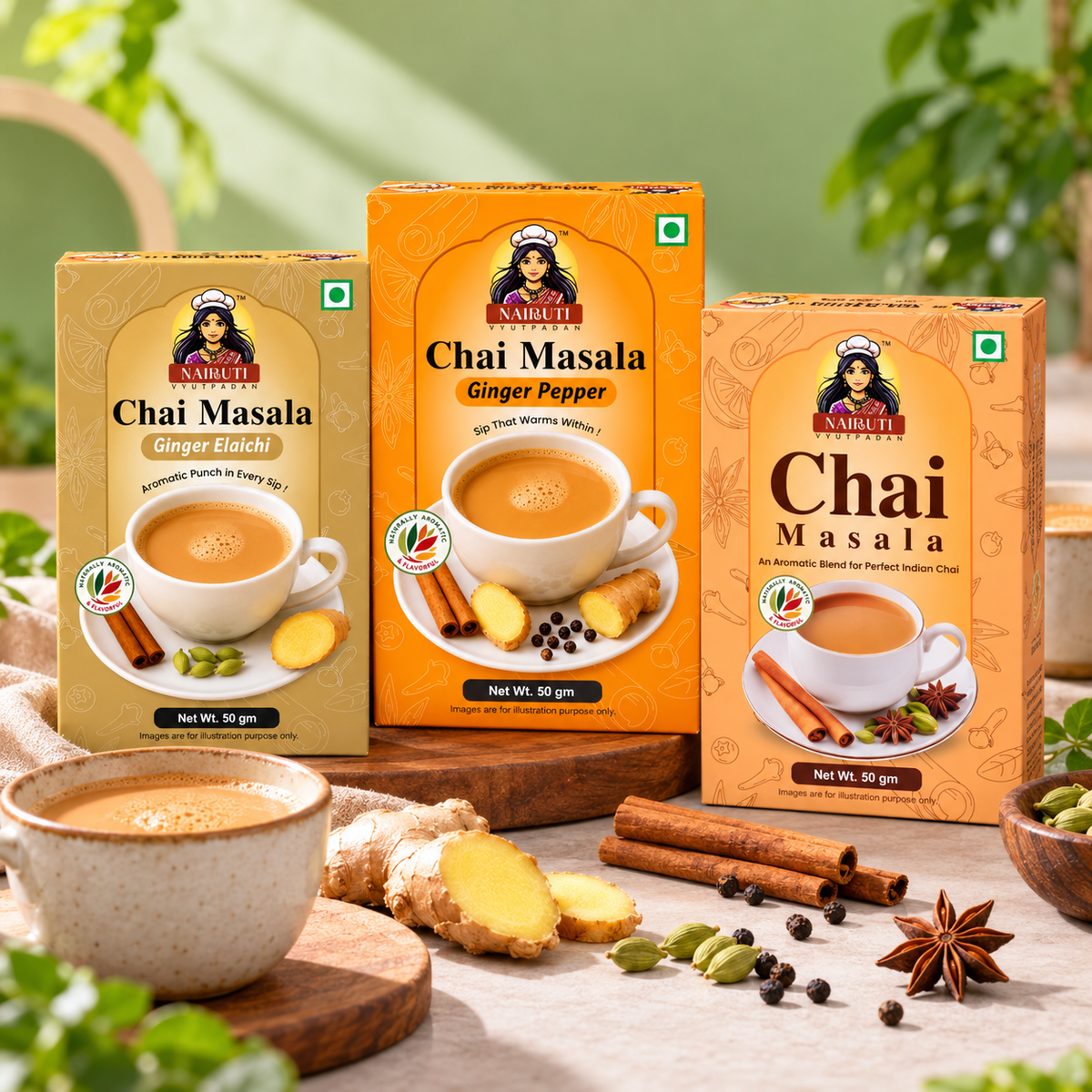 Nairuti Chai Trio: Ginger Black Pepper, Ginger Elaichi and Classic Chai Masala, 100g each
