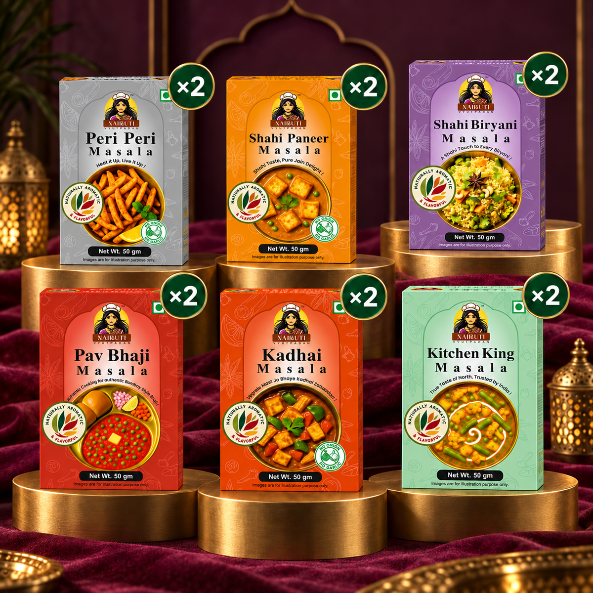 Complete Jain Family Pantry Combo with Jain Peri Peri, Shahi Paneer Jain, Pav Bhaji, Kadai, Kitchen King and Shahi Biryani Masala