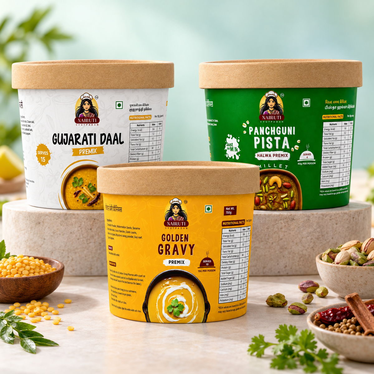 Curry & Comfort Trio Premix Combo - Golden Gravy, Gujarati Daal and Pista Millet Halwa