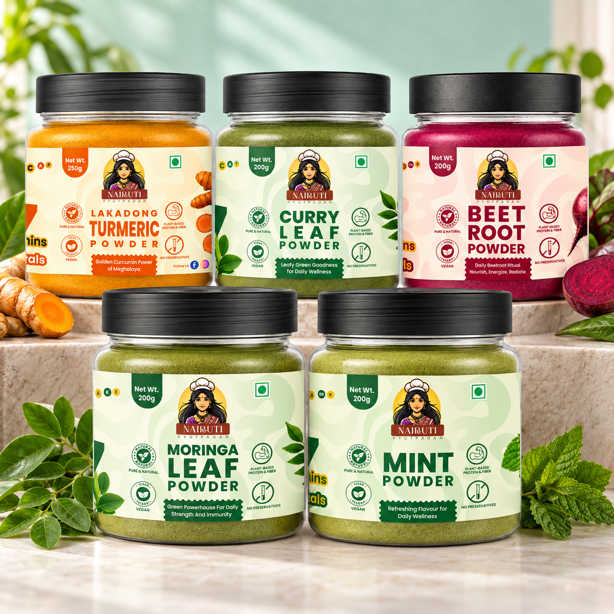 Everyday Superfood Shelf five jar combo with Lakadong Turmeric, Curry Leaf, Beetroot, Moringa Leaf and Mint powders