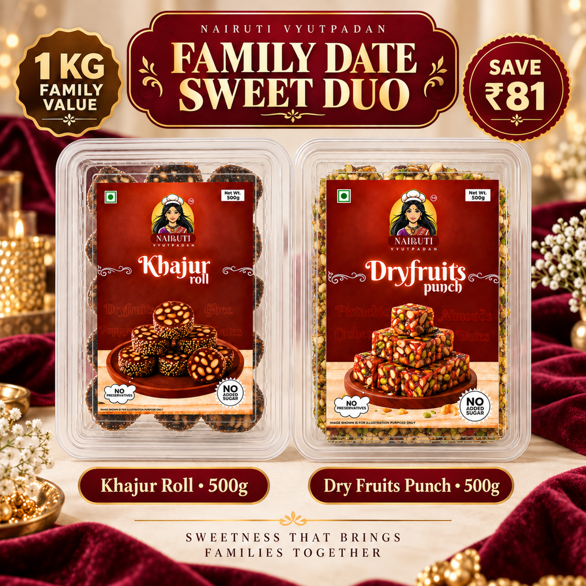Family Date Sweet Duo – Khajur Roll 500g and Dry Fruits Punch 500g