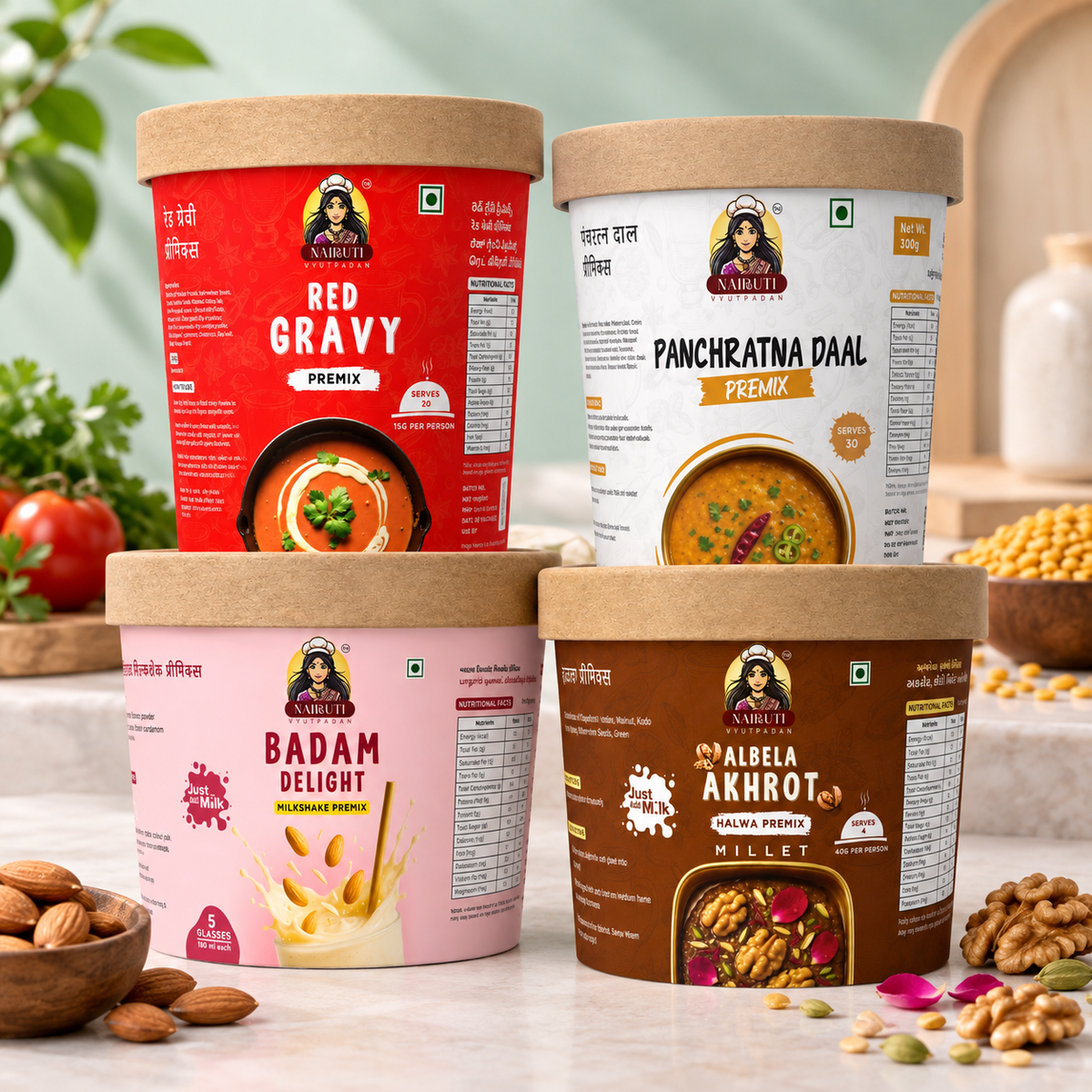 Family Meal & Sweet Premix Box - Red Gravy, Panchratna Daal, Badam Milkshake and Akhrot Millet Halwa