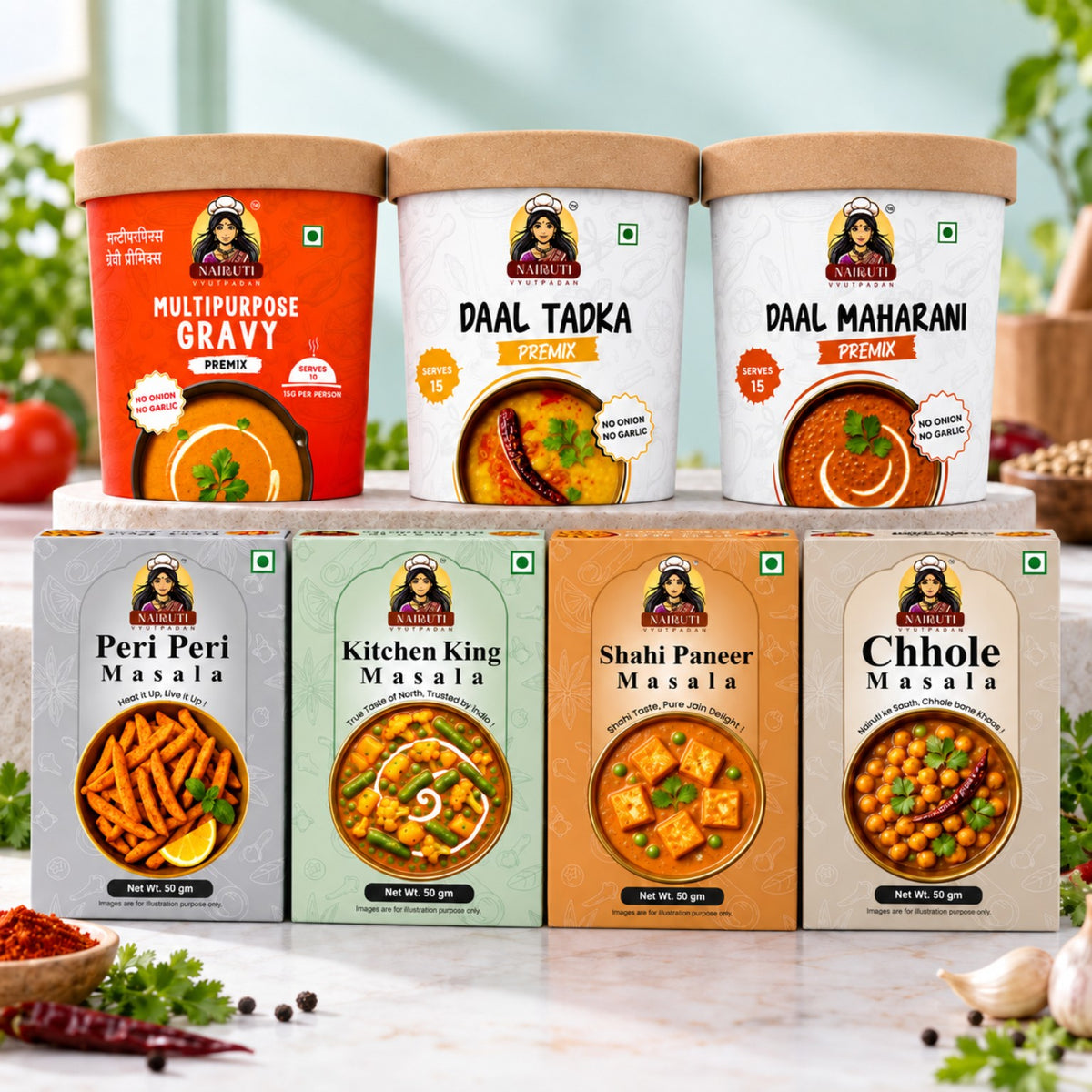 Jain Family Meal Essentials Combo with gravy, Jain daal premixes and four masalas