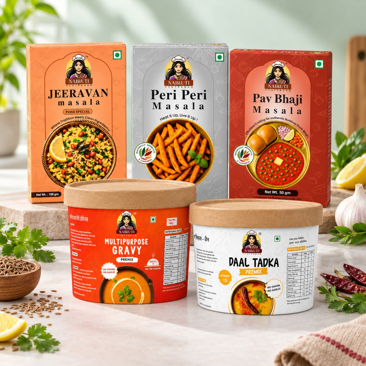 Jain Meal and Snack Variety Combo with Multipurpose Gravy, Daal Tadka, Jain Peri Peri, Pav Bhaji and Jeeravan Masala