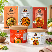 Jain Meal and Snack Variety Combo with Multipurpose Gravy, Daal Tadka, Jain Peri Peri, Pav Bhaji and Jeeravan Masala