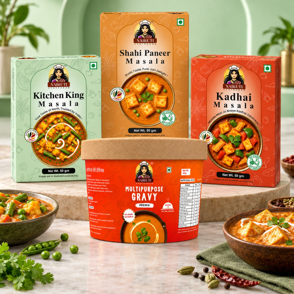 Jain Paneer and Curry Combo with Multipurpose Gravy, Jain Shahi Paneer, Kadhai and Kitchen King Masala