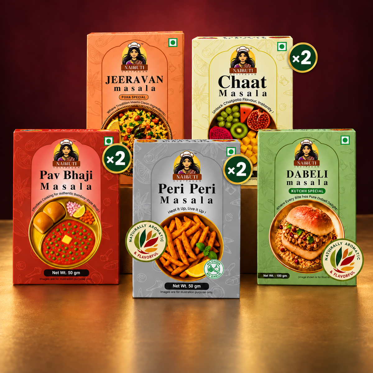 Jain Street Food Favourites Combo with Jain Peri Peri, Pav Bhaji, Dabeli, Jeeravan and Chaat Masala