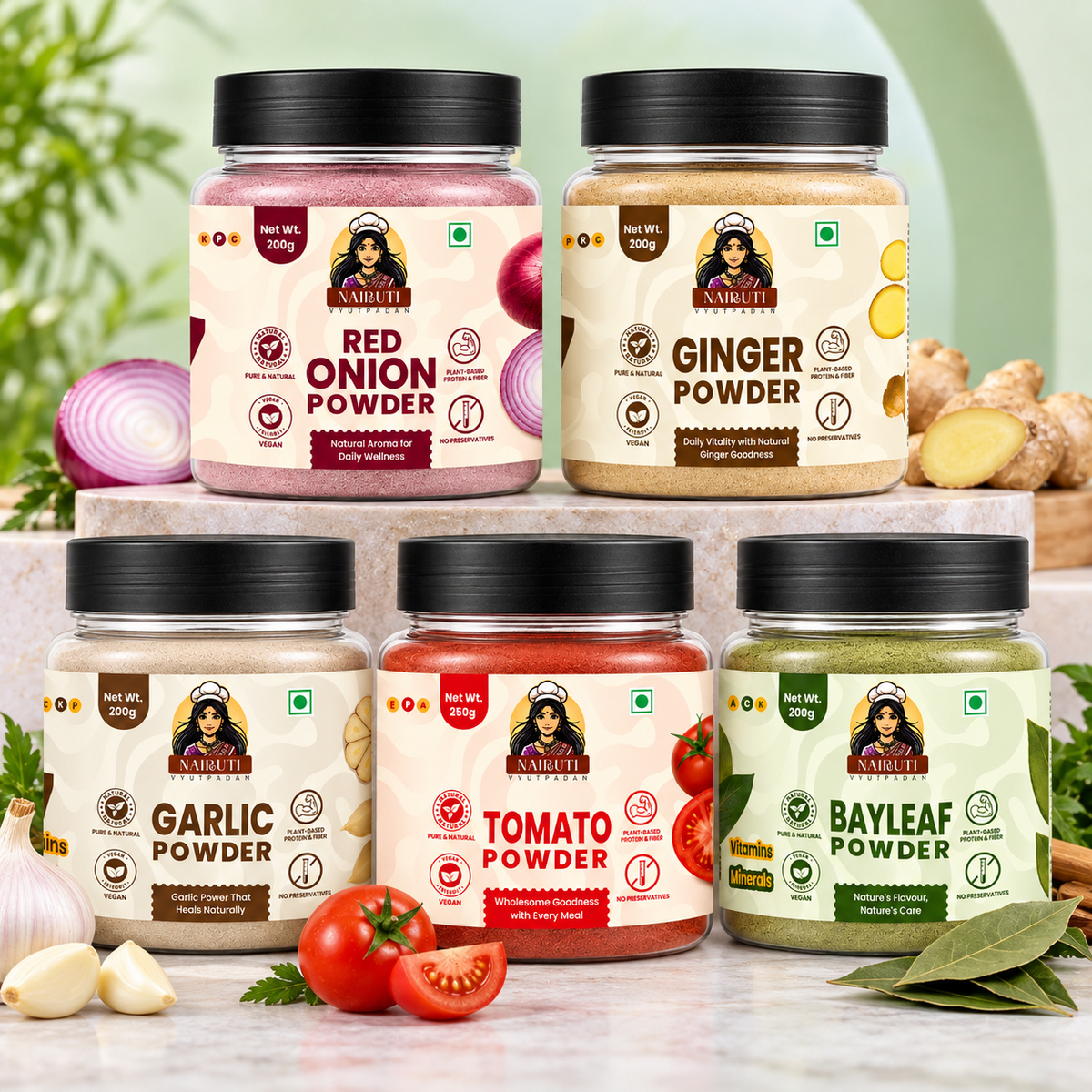 No-Chop Indian Kitchen five jar combo with Red Onion, Ginger, Garlic, Tomato and Bay Leaf powders