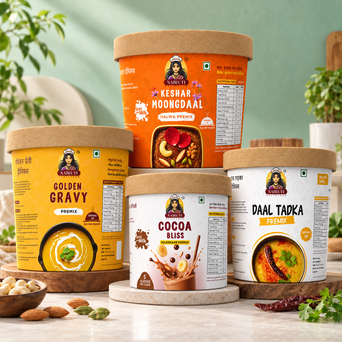 Premium Curry, Sip & Sweet Premix Box - Golden Gravy, Daal Tadka, Cocoa Milkshake and Keshar Moongdal Halwa