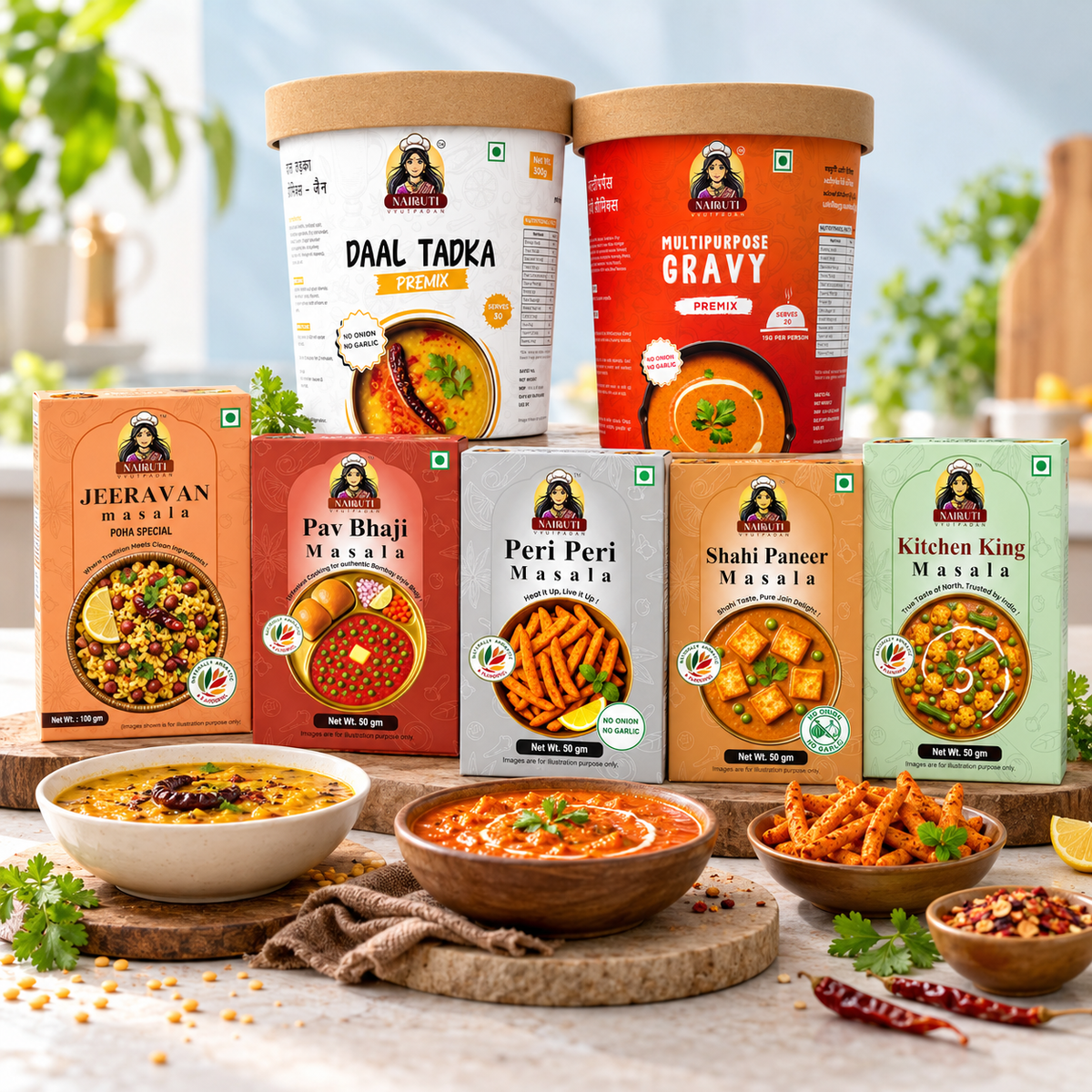 Jain Stock-Up Box: Peri Peri, Shahi Paneer, Pav Bhaji, Kitchen King and Jeeravan masalas 100g with Jain Gravy and Daal Tadka Premix 300g